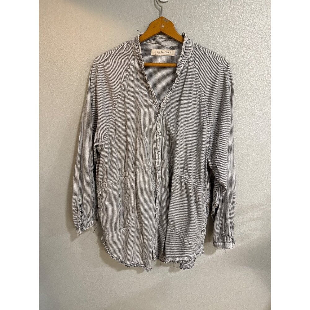 Free People Striped Button-Down Tunic Top With Frayed Hem Cotton Blend Women's S